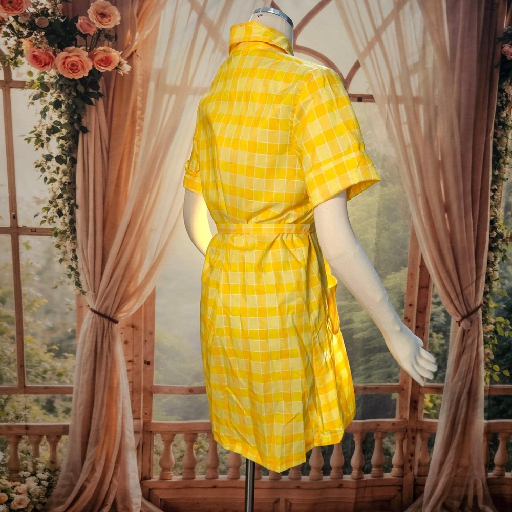 Vintage 1970s Dress Minidress Yellow Plaid Short Sleeve Buttons Pointed Collar - Picture 9 of 16